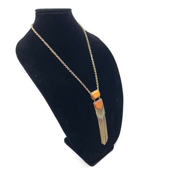 Boho Southwestern Style Necklace Gold Chain Tassel Faux Amber Pendant 25"L - Picture 4 of 5